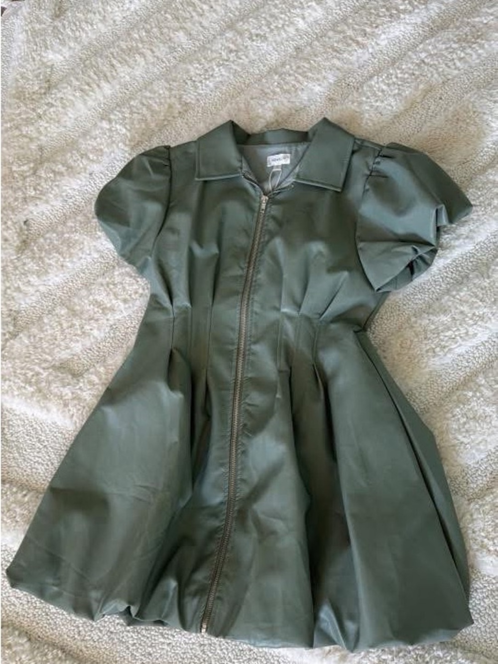 Olive Green Short Sleeve Zip-Front Fit & Flare Dress